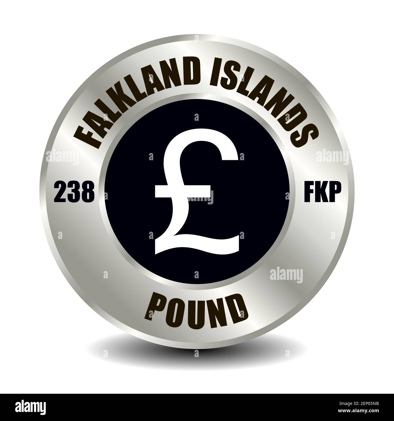 Falkland Islands Geldsymbol isoliert auf runder Silbermünze. Vektorzeichen des Währungssymbols mit internationalem ISO-Code und Abkürzung Stock Vektor