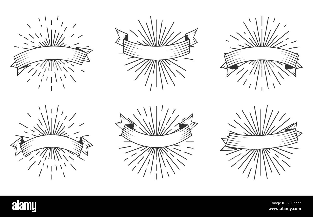 Schwarze Umrisse von alten Vintage-Band mit Lichtstrahlen, Icon-Set. Retro-Gravur. Doodle von Sunburst mit leeren Bändern für Poster, Banner-Einladungen oder Karten. Isoliert auf weißer Vektorgrafik Stock Vektor