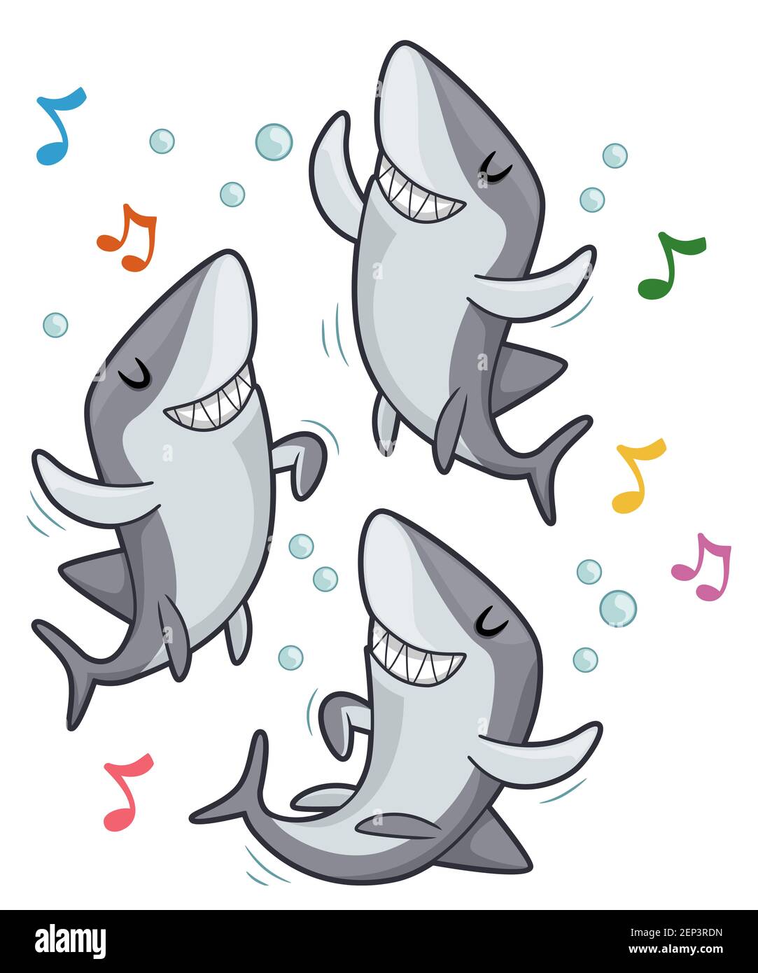 Illustration von Haie Maskottchen lächelnd und tanzend zur Musik Stockfoto