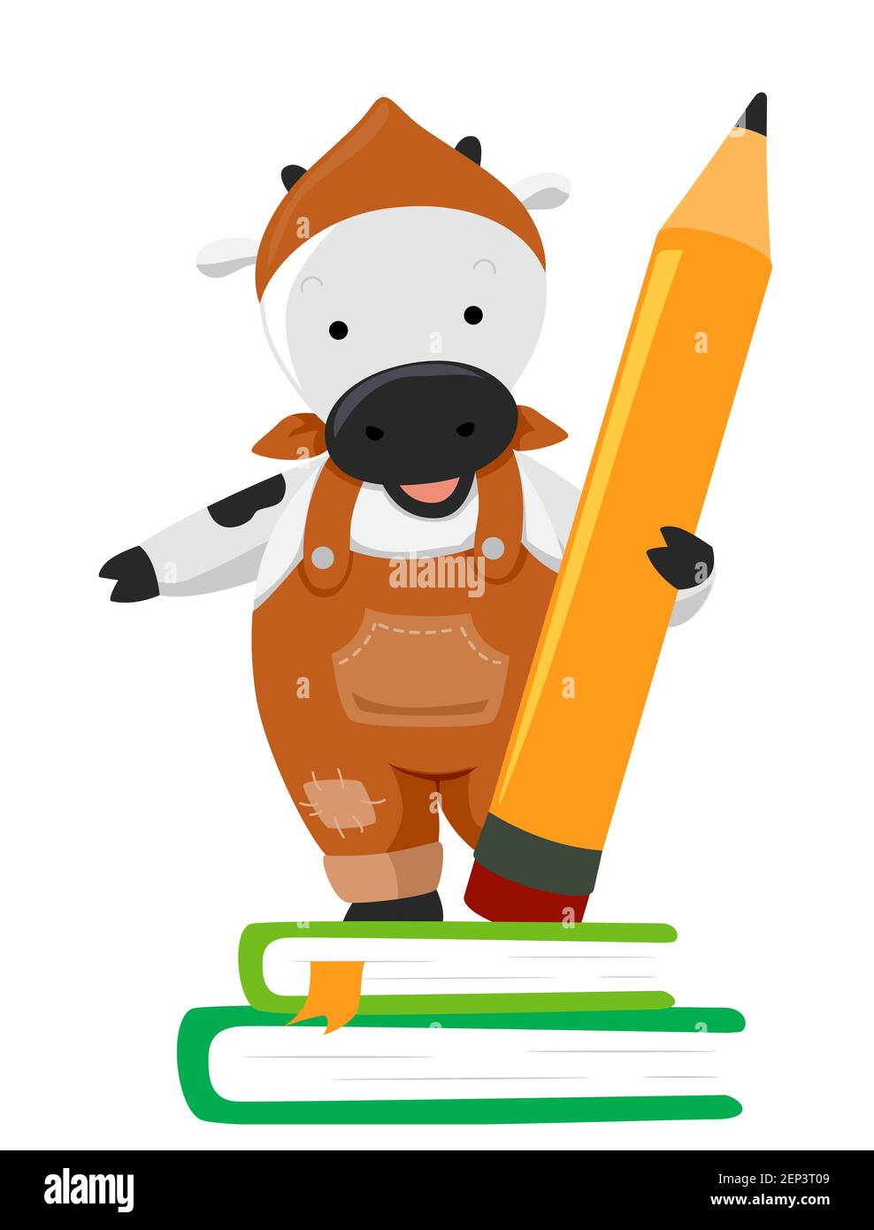 Illustration einer Farm Kuh trägt Jumper und halten ein Großer Bleistift steht auf Büchern Stockfoto