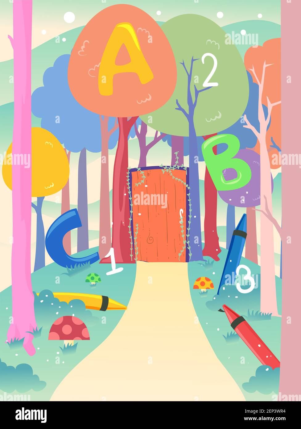 Illustration von ABC, 123, Crayons on a Path to a Door in a whimsical Forest Stockfoto