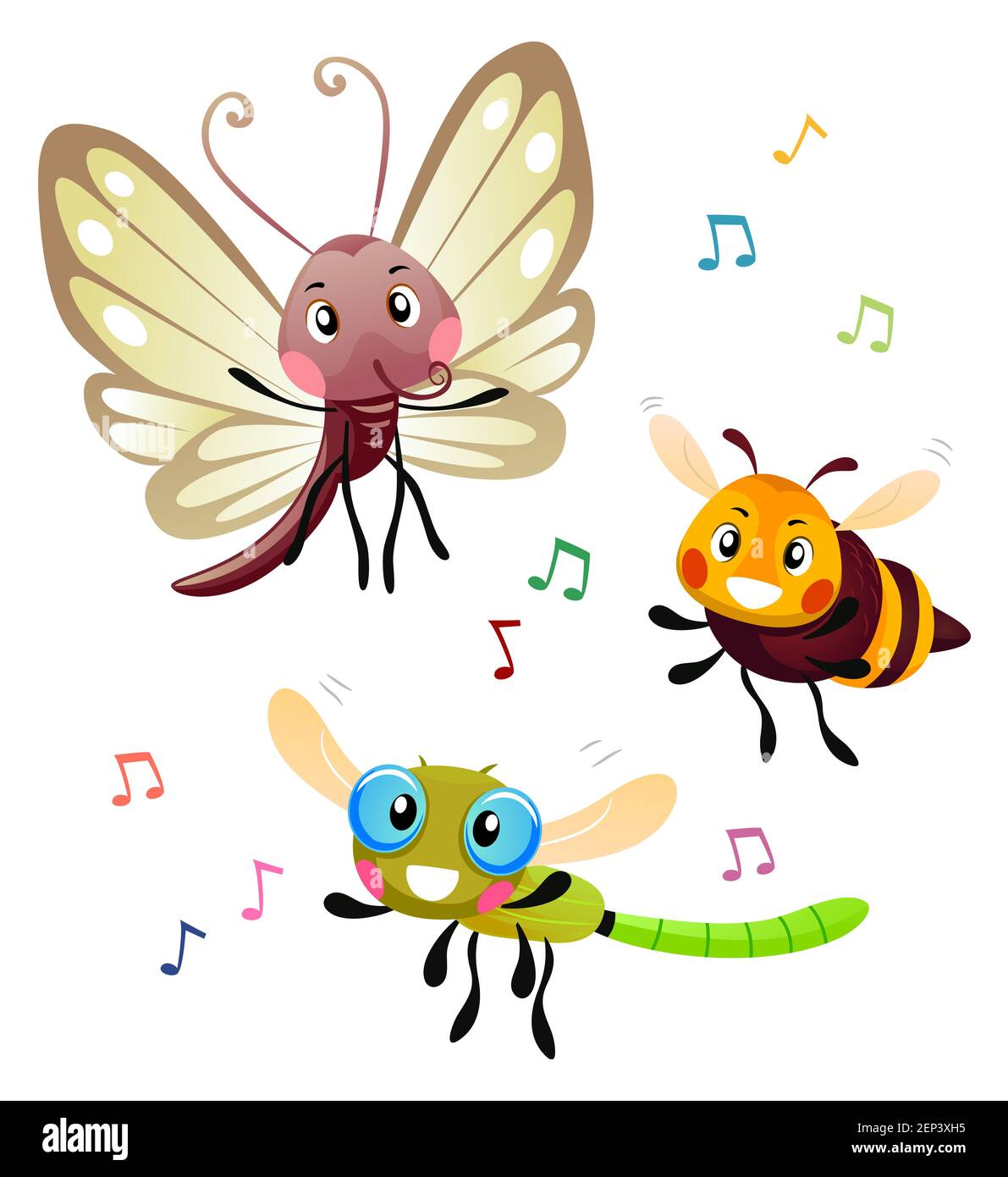 Illustration einer Biene, Schmetterling und Libelle Maskottchen herumfliegen und tanzen zu Musik Stockfoto
