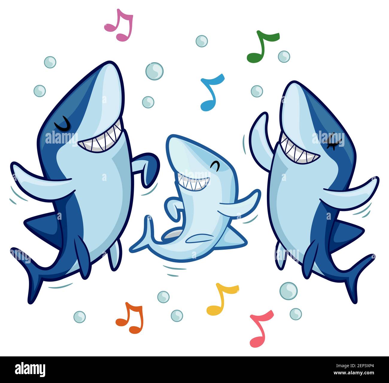 Illustration von Haie Maskottchen Tanzen zu Musik Notizen Stockfoto