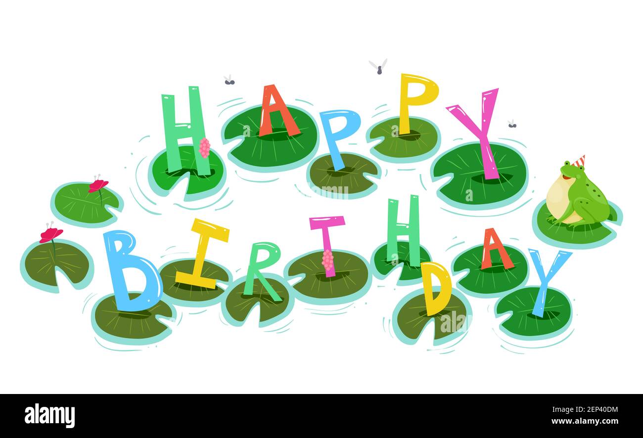 Illustration eines Frosches trägt Geburtstagsmütze, sitzend auf Lily Pads mit Happy Birthday Schriftzug Stockfoto
