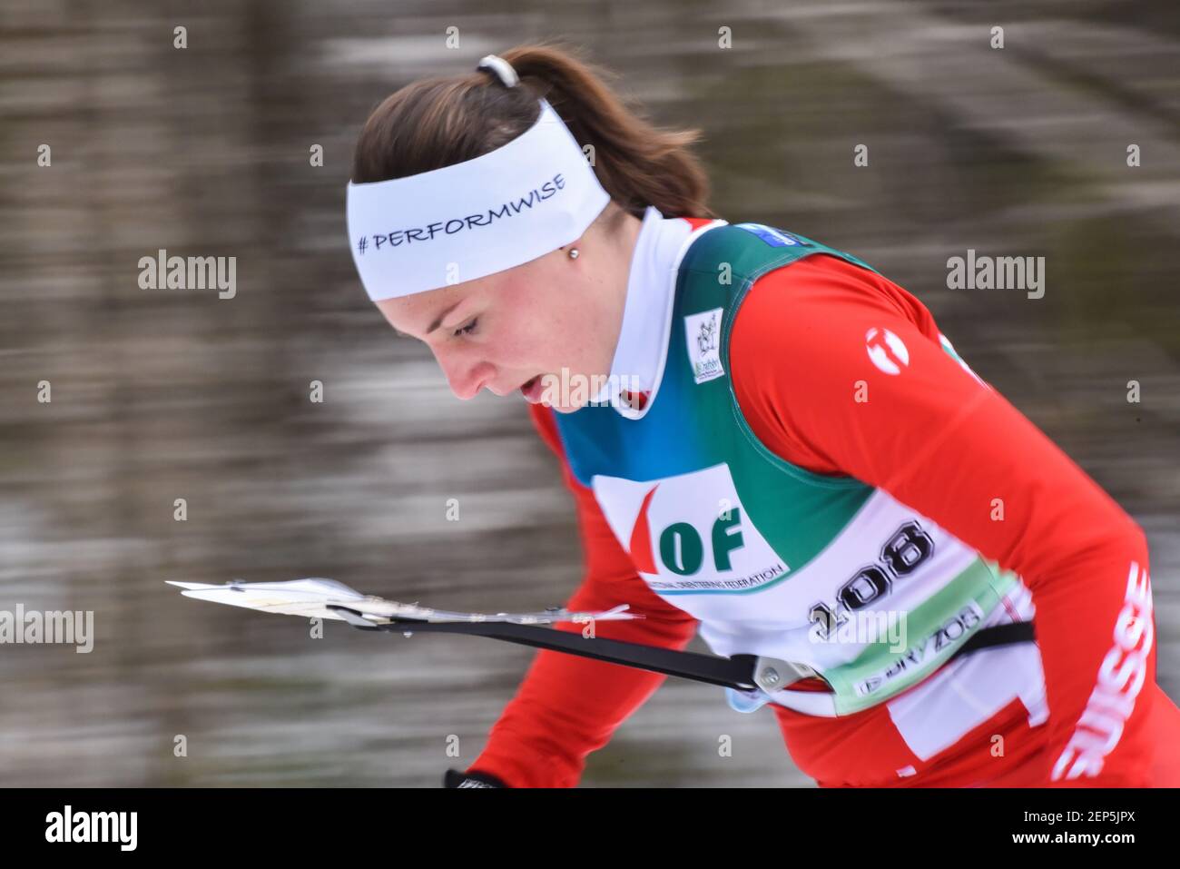 Ski-Orientierungslauf-Rennfahrer, Ski-Orientierungslauf Weltcup-Rennen, Craftsbury Outdoor Center, VT, USA. Stockfoto