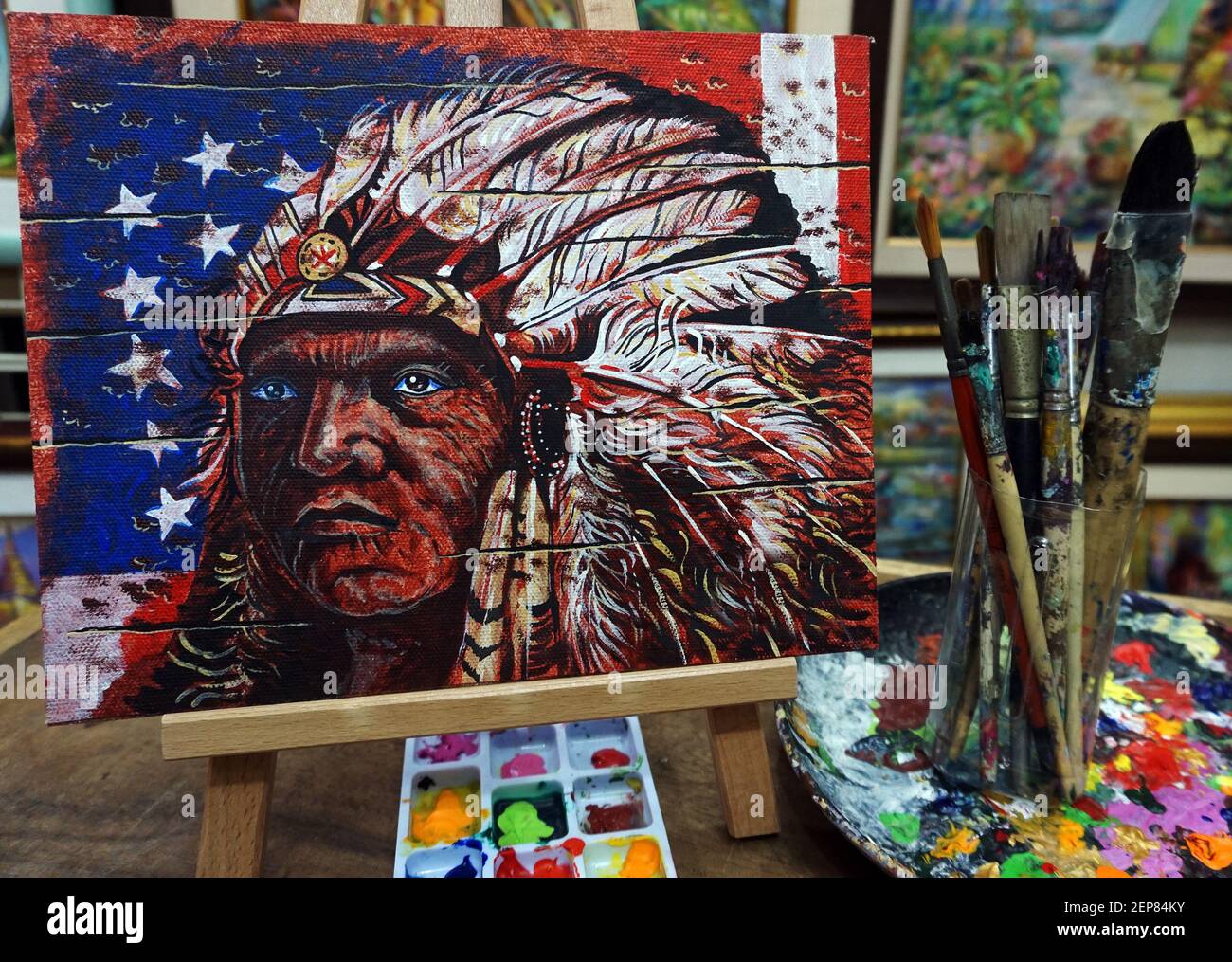 Kunst Malerei Ölfarbe Red Indian , Indianer , Gesicht Apache Stockfoto