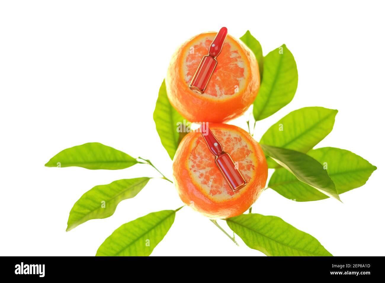 Vitamin C. Serum mit Vitamin C. Glasampullen auf Mandarinen Früchte mit hellgrünen Blättern isoliert auf weißem Hintergrund.Prävention von Immunität gegen Stockfoto