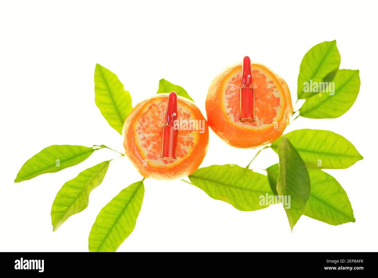 Vitamin C. Serum mit Vitamin C. Glasampullen close-up auf Mandarinen Früchte mit hellgrünen Blättern isoliert auf weißem Hintergrund.Prävention von Stockfoto
