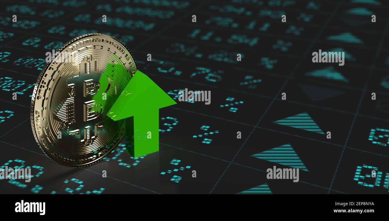 3D Börsenwert. Globales Börsenkonzept: Grüner Aufwärtspfeil zeigt nach oben. Kryptowährung, Bitcoin oder BTC-Symbol vor Finanzdaten Stockfoto