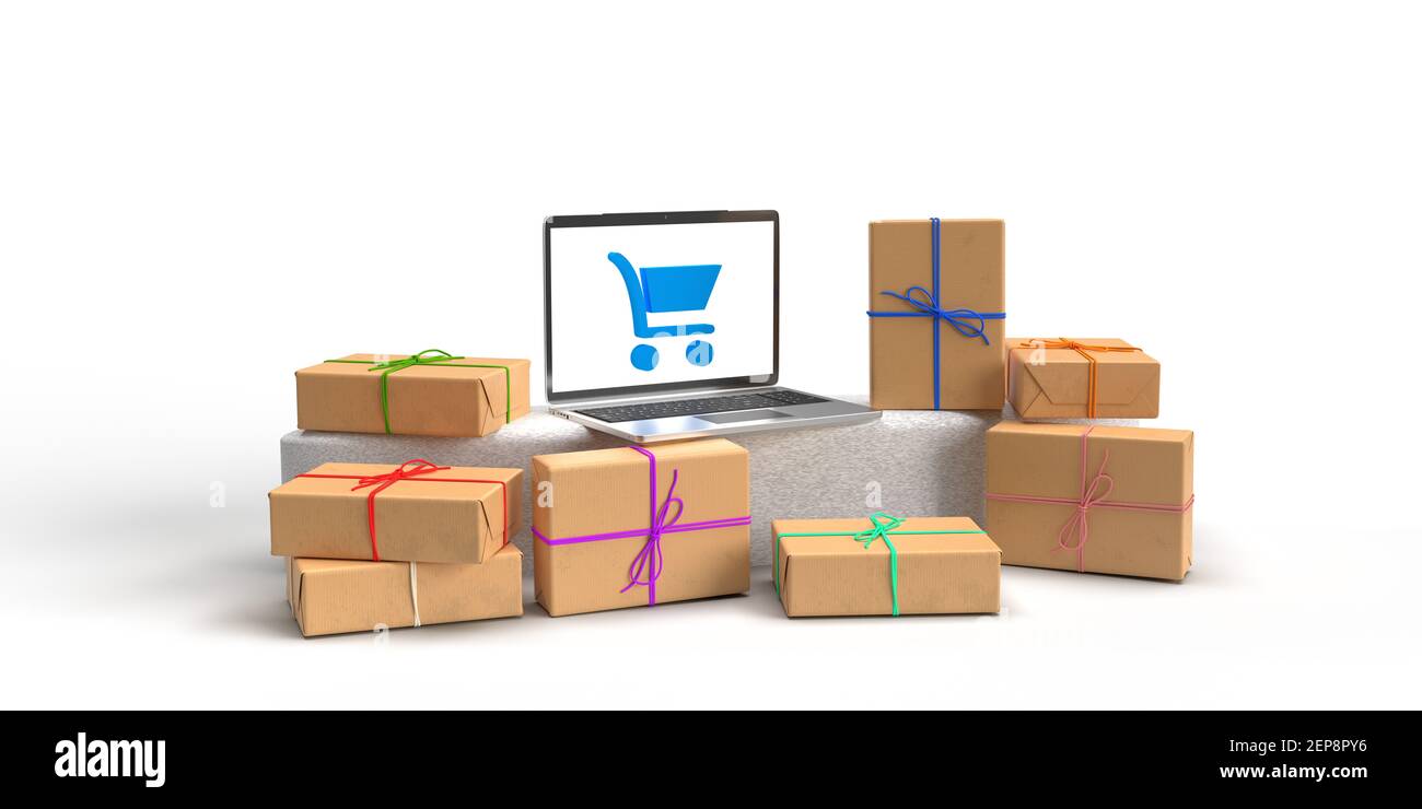 Global eCommerce, Online-Handel und Konsumverhalten Konzept: Drei 3D gerenderte Geschenkboxen. Ein Laptop auf einem Podium mit Einkaufswagen auf dem Bildschirm. Stockfoto