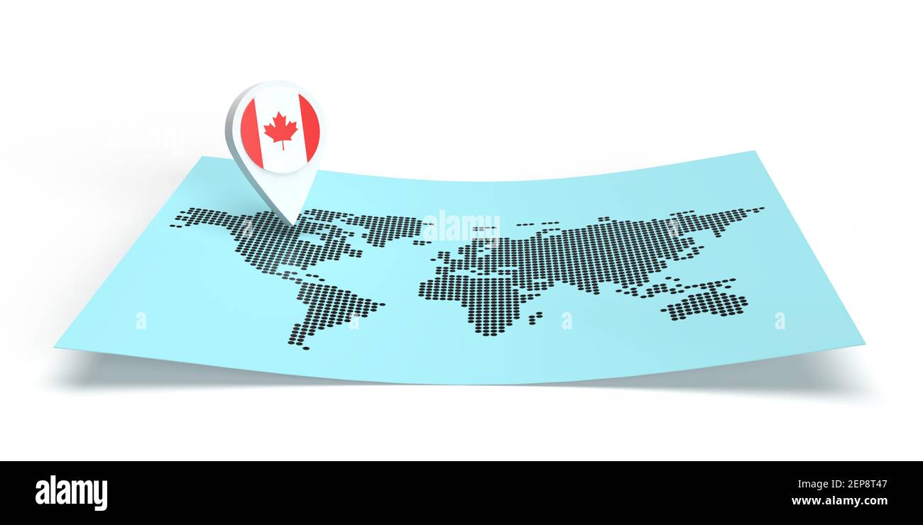 3D gerenderter Locator für Länderkarten, der auf ein globales Ziel auf einer flachen Weltkarte zeigt. Symbol trägt die Flagge Kanadas. Isolierte Illustration mit Kopierbereich Stockfoto