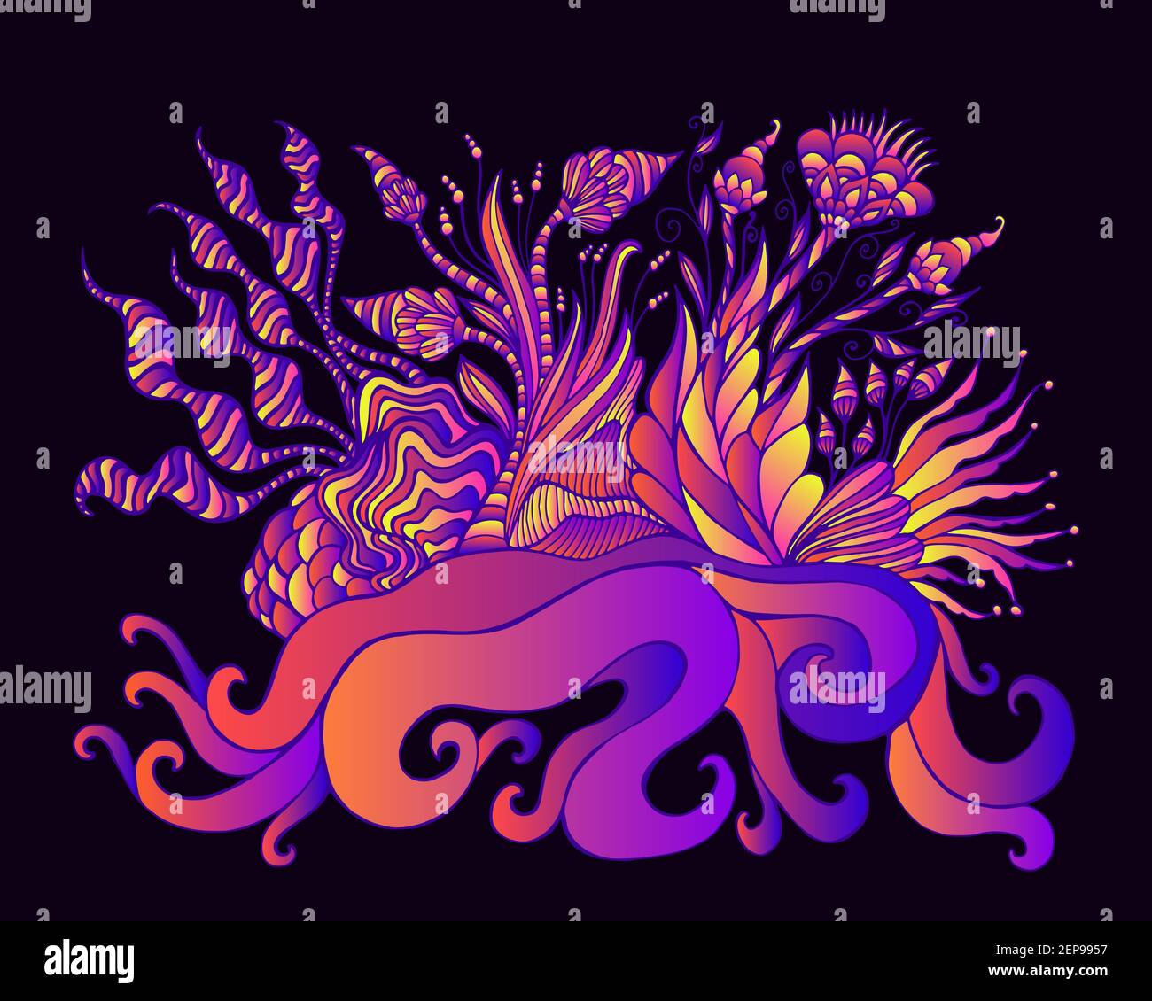 Psychedelisch fantastische Landschaft mit blühenden Garten, erstaunliche Alien Blumen und Pflanzen, helle orage rosa lila blau Gradienten Neonfarbe, isoliert auf Stock Vektor