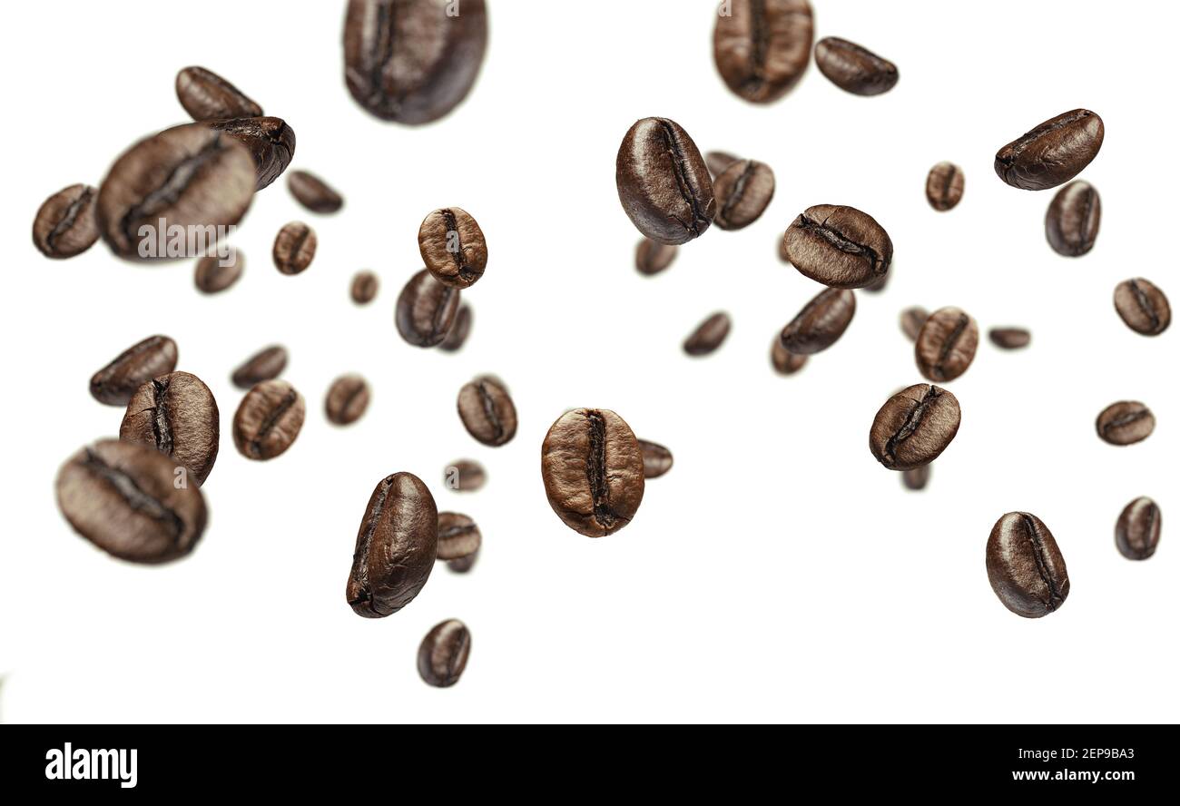 Geröstete Kaffeebohnen isoliert auf weißem Hintergrund Stockfoto