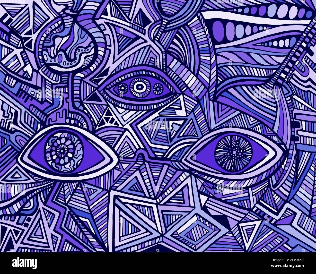 Fantastische bizarre schamanische Augen von verrückten Mustern. Surreal Doodle stilvolle Karte. Abstraktes Muster mit Labyrinth-Ornamenten. Vektor handgezeichnete Illustration. Stock Vektor