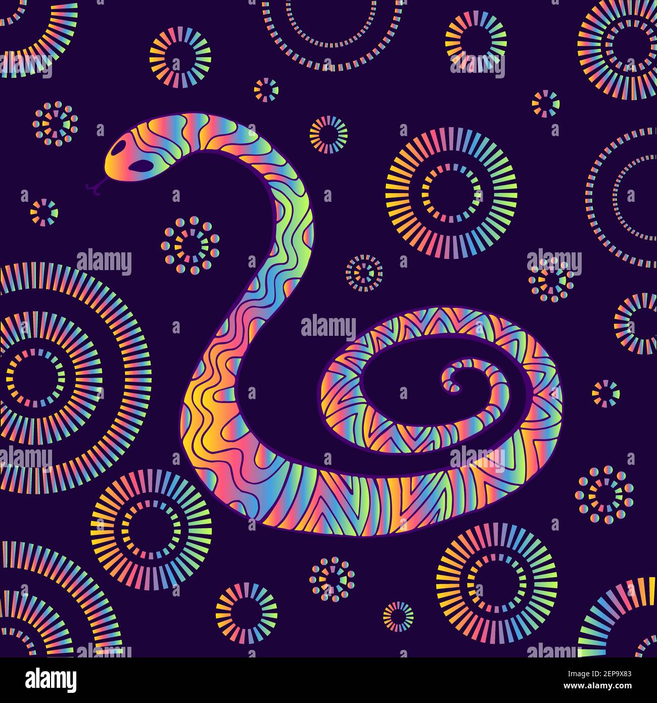 Eine gewickelte psychedelische Schlange mit vielen Ornamenten, heller Neon-Farbverlauf Regenbogenfarbe, isoliert auf einem dunkelvioletten Hintergrund mit Mustern. Doodle Ethnic Stock Vektor