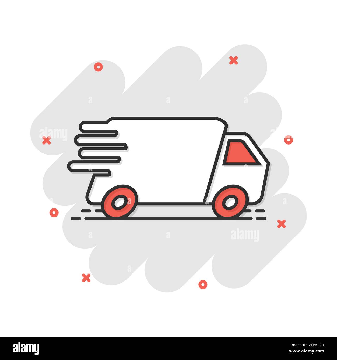 Vektor cartoon LKW-, PKW- Symbol im Comic-stil. Schneller Lieferservice Versand Anmeldung Abbildung Piktogramm. Auto transporter splash Wirkung Konzept. Stock Vektor