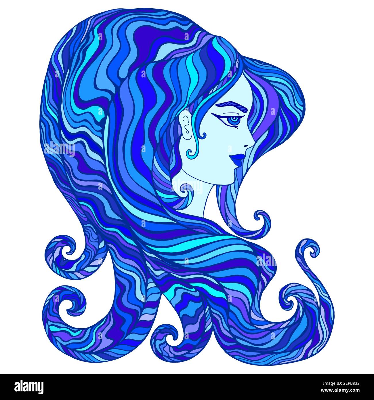 Göttin des Wassers, Cyan, dunkelblau, aquamarin Farbe Haar. Isoliert auf weißem Hintergrund. Fantastische abstrakte Frau Wellen Linie Haar. Surreale Fantasiekunst Stock Vektor