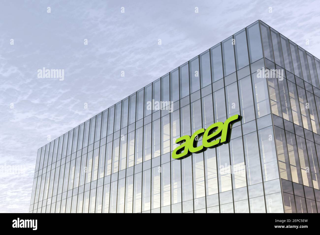 New Taipei City, Taiwan. Februar 16, 2021. Nur für redaktionelle Verwendung, 3D CGI. Acer Signage-Logo auf dem Glasgebäude. Arbeitsplatz in Bürohochhaus Stockfoto