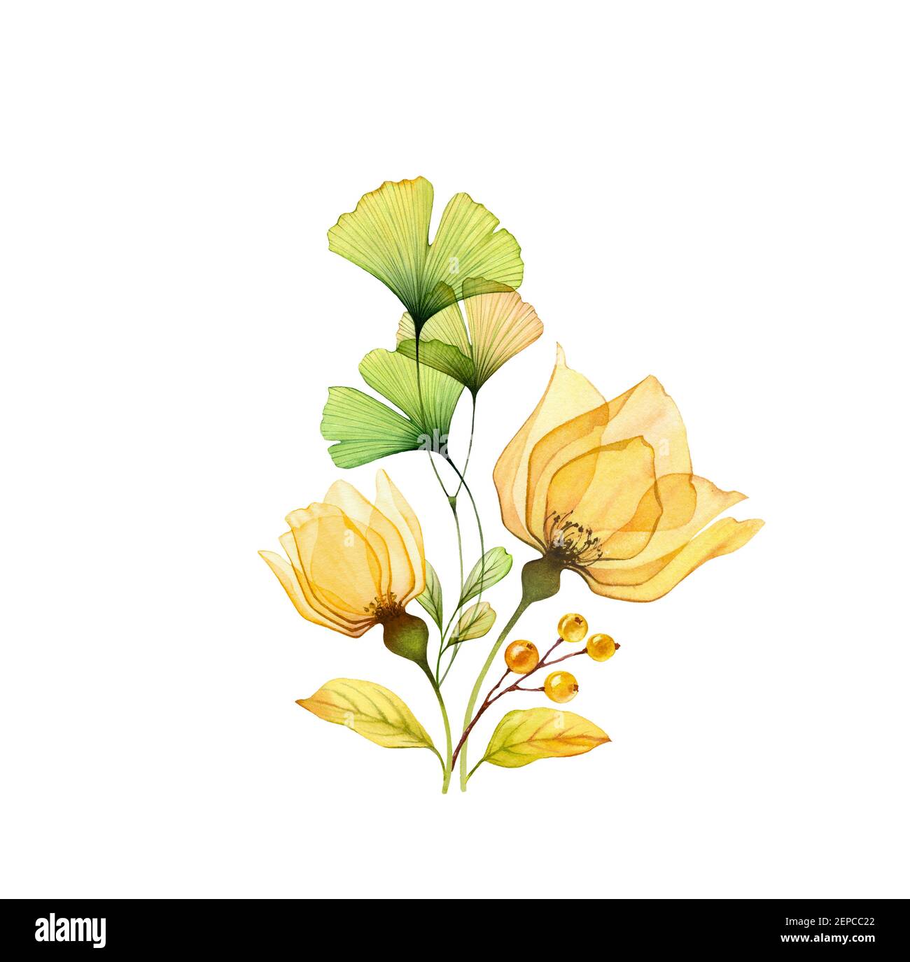 Aquarell-Bouquet. Transparente gelbe Rosen mit grünen Ginkgo-Blättern isoliert auf weiß. Handbemalte abstrakte Komposition. Botanische Abbildung für Stockfoto