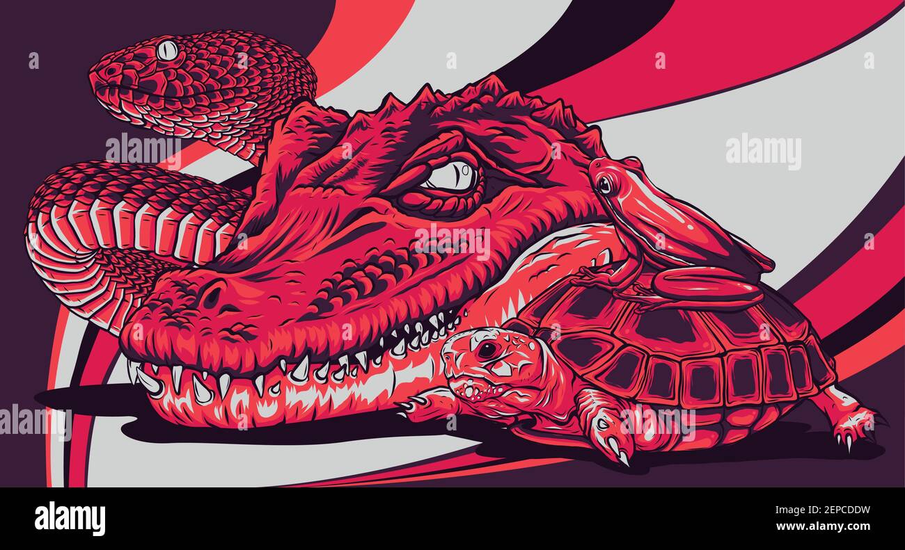 Set von Reptilien und Amphibien. Wildes Krokodil, Schlange, Schildkröte und Frosch Stock Vektor