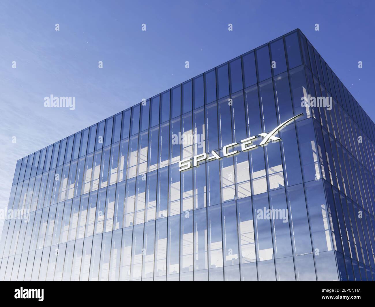 Hawthorne, CA, USA. Juni 15, 2020. Nur für redaktionelle Verwendung, 3D CGI. Space X Signage Logo auf Glasgebäude. Arbeitsplatz in der Bürohochhaus-Zentrale Stockfoto