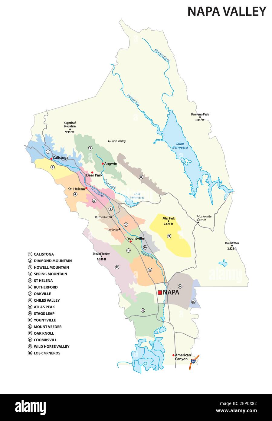 Vektorkarte von Weinanbaugebieten in Californias Napa Valley District, USA Stock Vektor