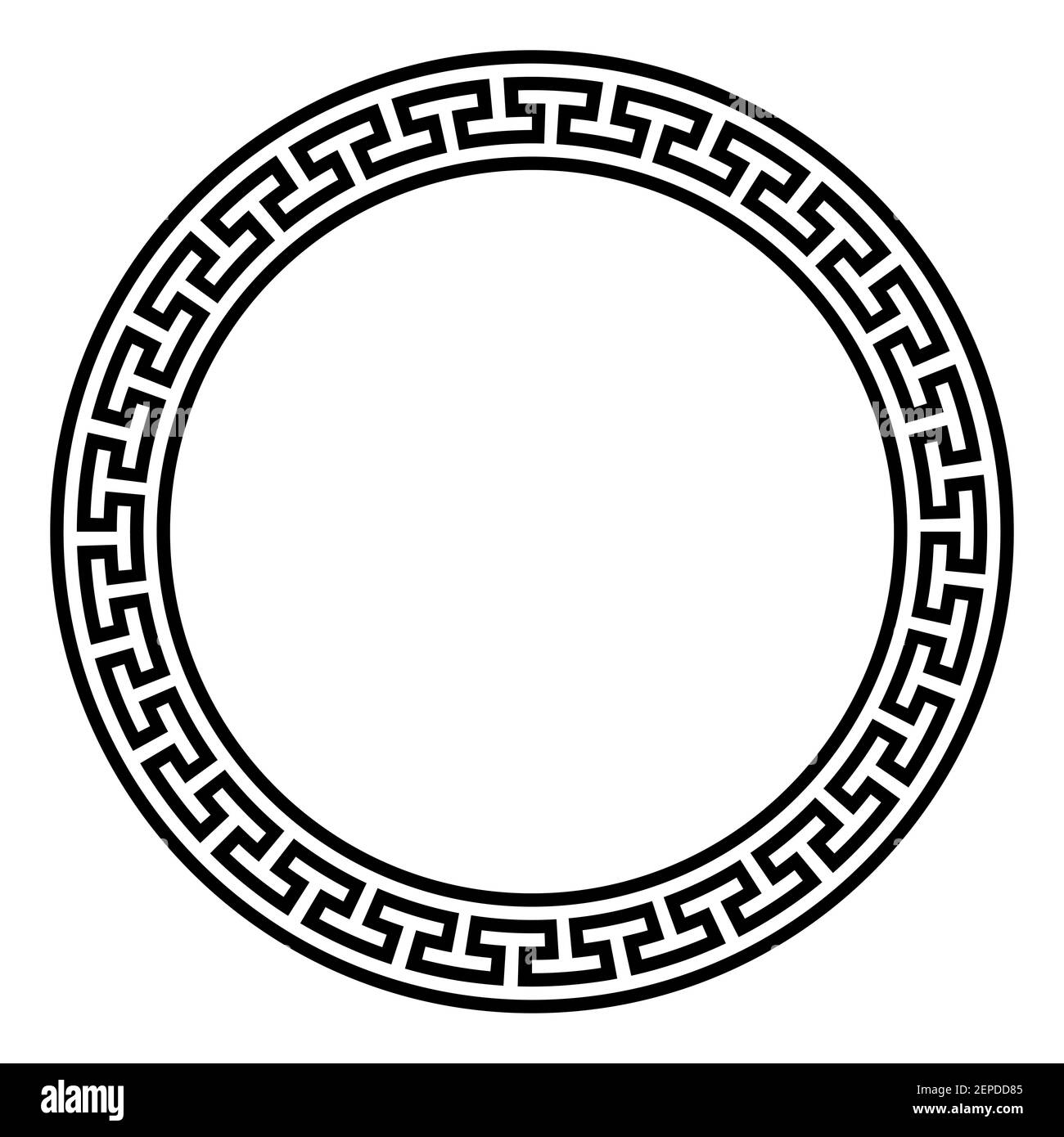 Kreisrahmen mit einfachem Mäander-Muster. Dekorative Bordüre aus durchgehenden Linien, geformt zu einem nahtlosen Motiv. Auch bekannt als griechisches Schlüsselmuster. Stockfoto