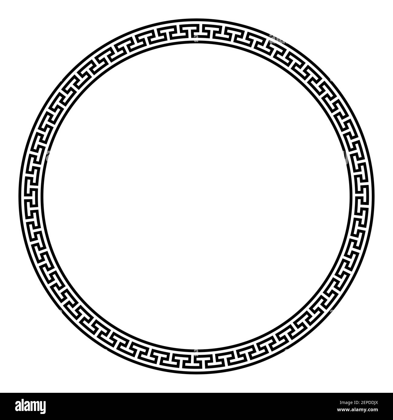 Großer Kreisrahmen mit einfachem Mäander-Muster. Dekorative Bordüre aus durchgehenden Linien, geformt zu einem nahtlosen Motiv. Griechisches Schlüsselmuster. Stockfoto