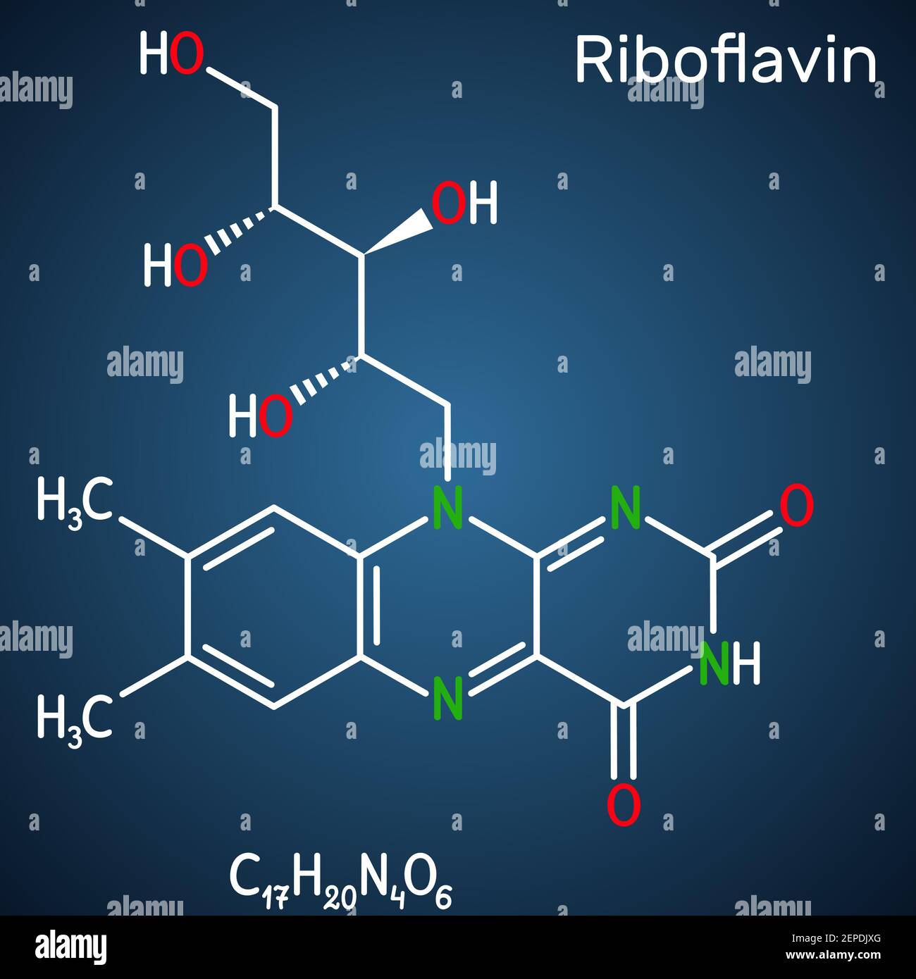 Riboflavin, Vitamin-B2-Molekül. Es ist wasserlöslich flavin, wird in Lebensmitteln gefunden, als Nahrungsergänzungsmittel verwendet E101. Strukturelle chemische Formel auf dem Stock Vektor