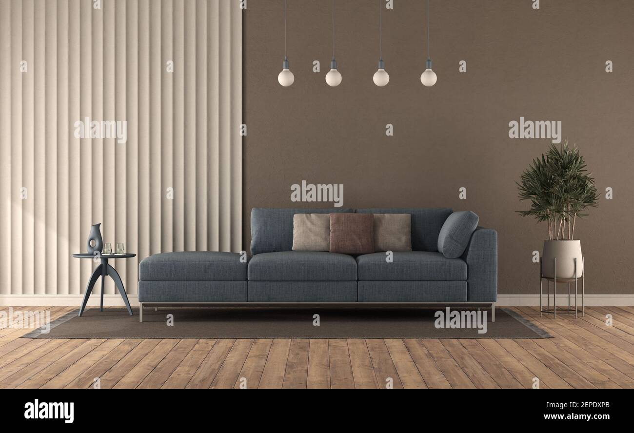 Blaues Sofa in einem modernen Wohnzimmer gegen Gipskarton Und braune Wand -  3D Rendering Stockfotografie - Alamy