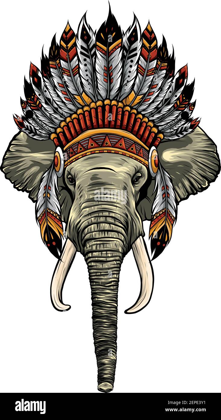 Elefantenkopf mit kopfschmuck des indianischen Häuptlings. Stock Vektor
