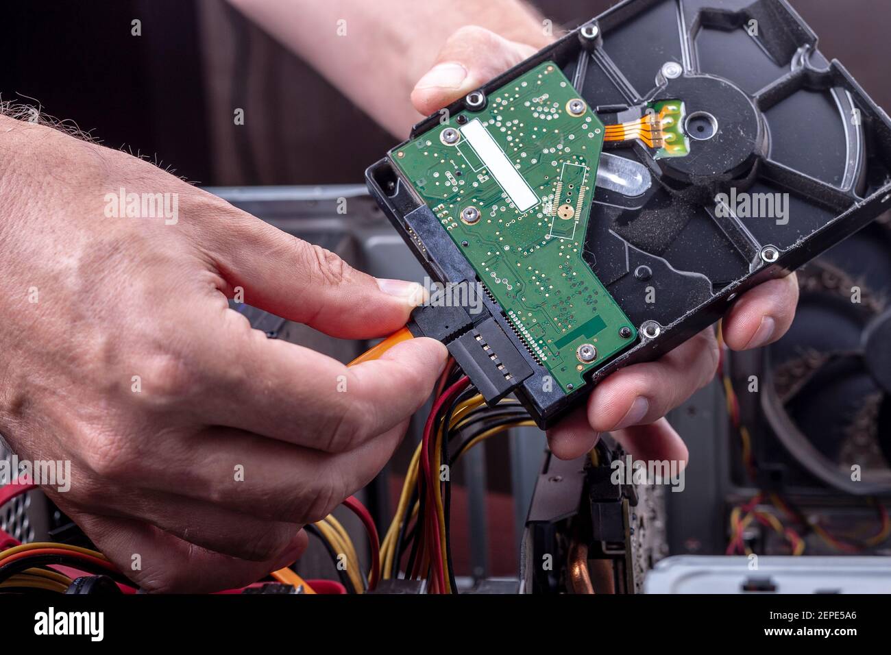 Person hält staubige festplatte vom Desktop für die Reinigung oder Upgrade alte defekte Hardware. Festplatte sata und Stromanschluss Schnittstelle schließen. Stockfoto