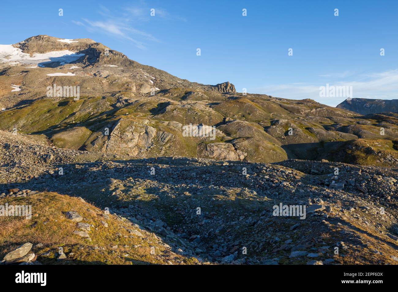 Moräne, Geomorphologie bei Frossnitz Gletscher. Venediger Berggruppe. Osttirol. Österreichische Alpen. Europa. Stockfoto