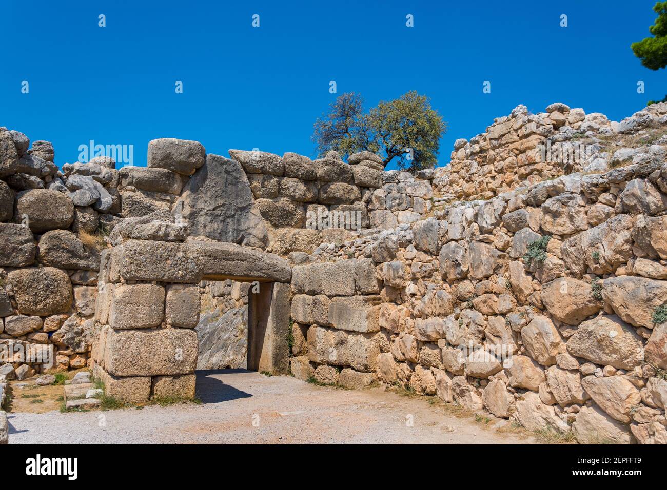 Rückseite des Löwentores der Zitadelle von Mycenae. Archäologische Stätte von Mykene in Peloponnes Griechenland Stockfoto