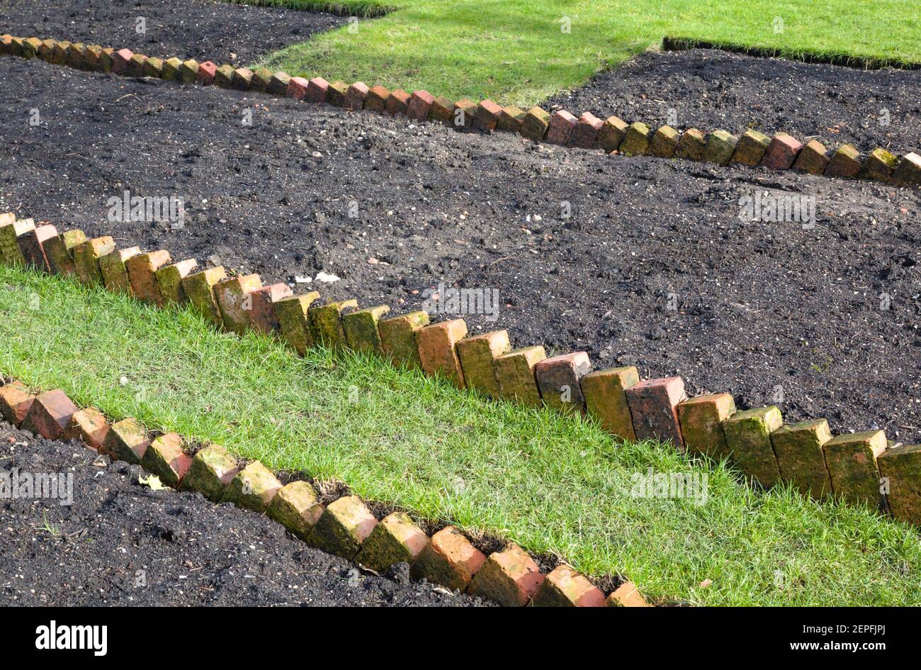 Vorbereiten eines neuen leeren Blumenbeet mit Sägezahn Ziegel Einfassung in Ein britischer Garten Stockfoto