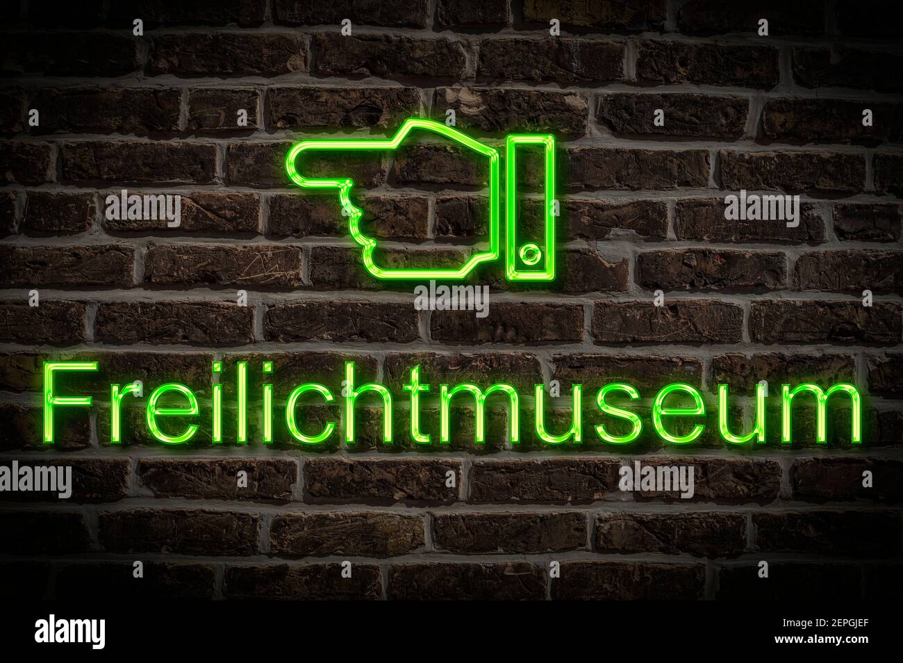 Detailfoto eines Neonschildes an einer Wand Mit der Inschrift Freilichtmuseum Stockfoto