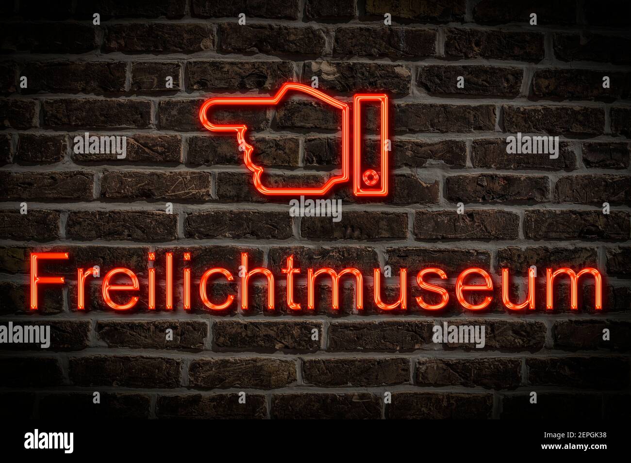 Detailfoto eines Neonschildes an einer Wand Mit der Inschrift Freilichtmuseum Stockfoto