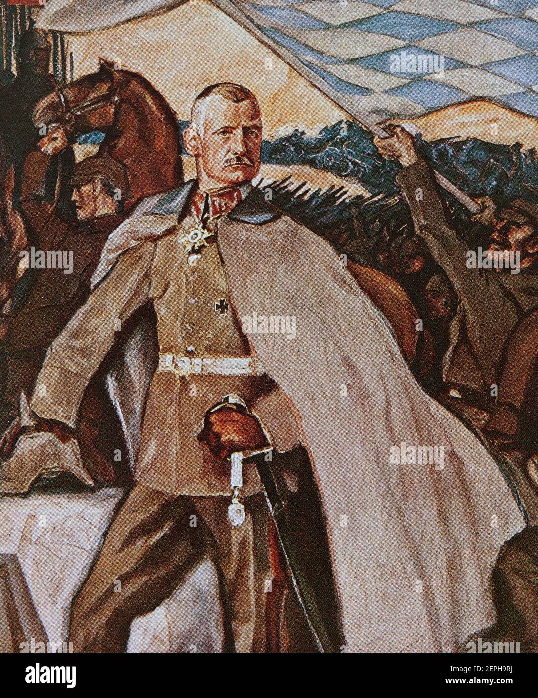 Ein Porträt des Kronprinzen Rupprecht von Bayern (1869-1955), des letzten Thronfolgers Bayerns. Während der ersten Hälfte des Ersten Weltkriegs kommandierte er die 6th Armee an der Westfront. Ab August 1916 kommandierte er die Army Group, die den Frontsektor gegenüber der britischen Expeditionary Force besetzte. Aus einem Original-Kunstdruck in einer alten Zeitschrift aus dem Jahr 1915. Stockfoto