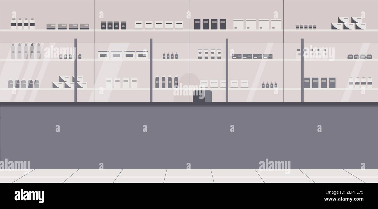Apotheke Interieur ohne Menschen. Es gibt eine Barriere, Regale mit einer breiten Palette von Medikamenten, Kuren, Sprays und andere medizinische Produkte in der Apotheke Stockfoto