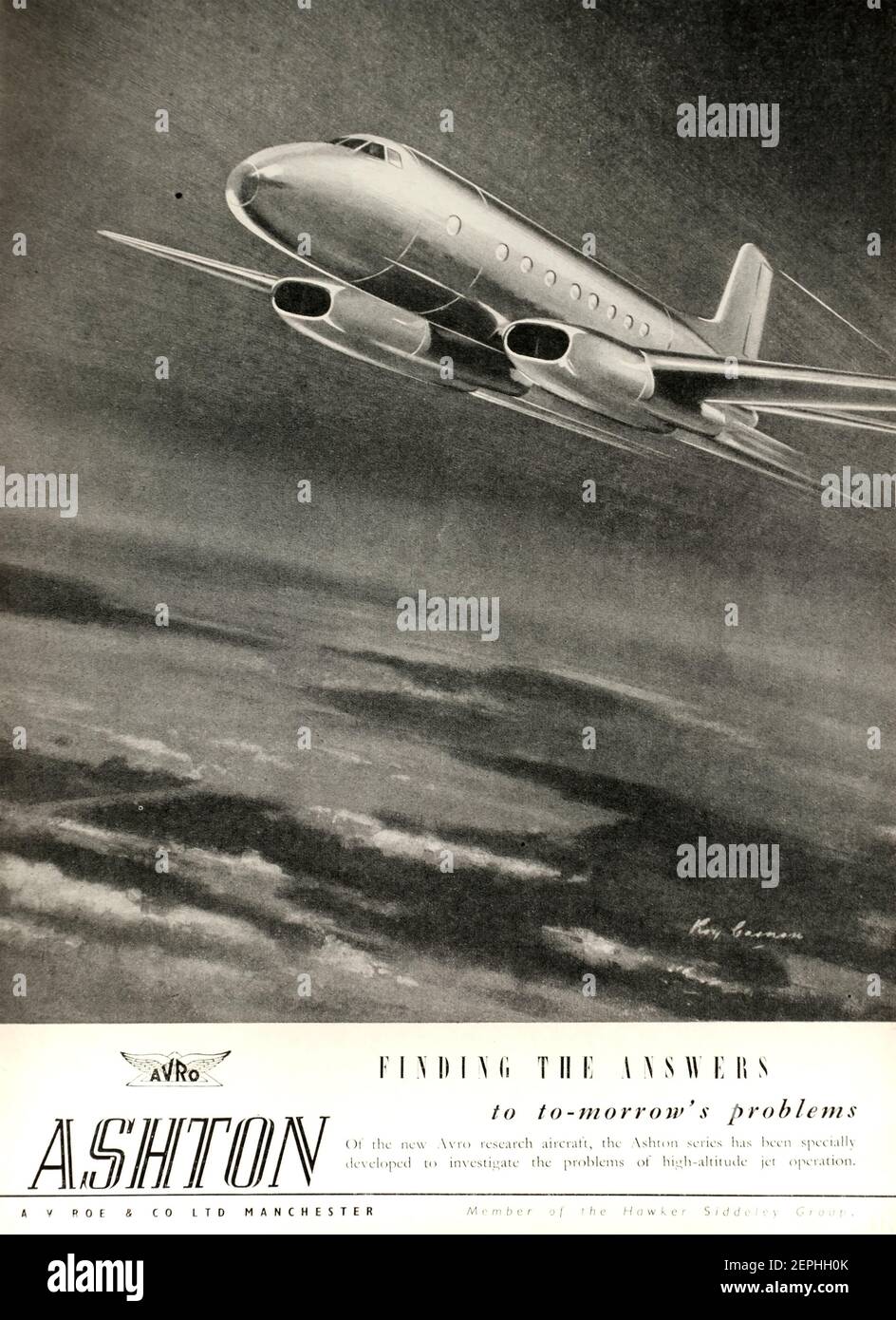 Werbung im Jahr 1950 für den Prototyp eines experimentellen Düsenflugzeugs der britischen Avro Ashton. Stockfoto