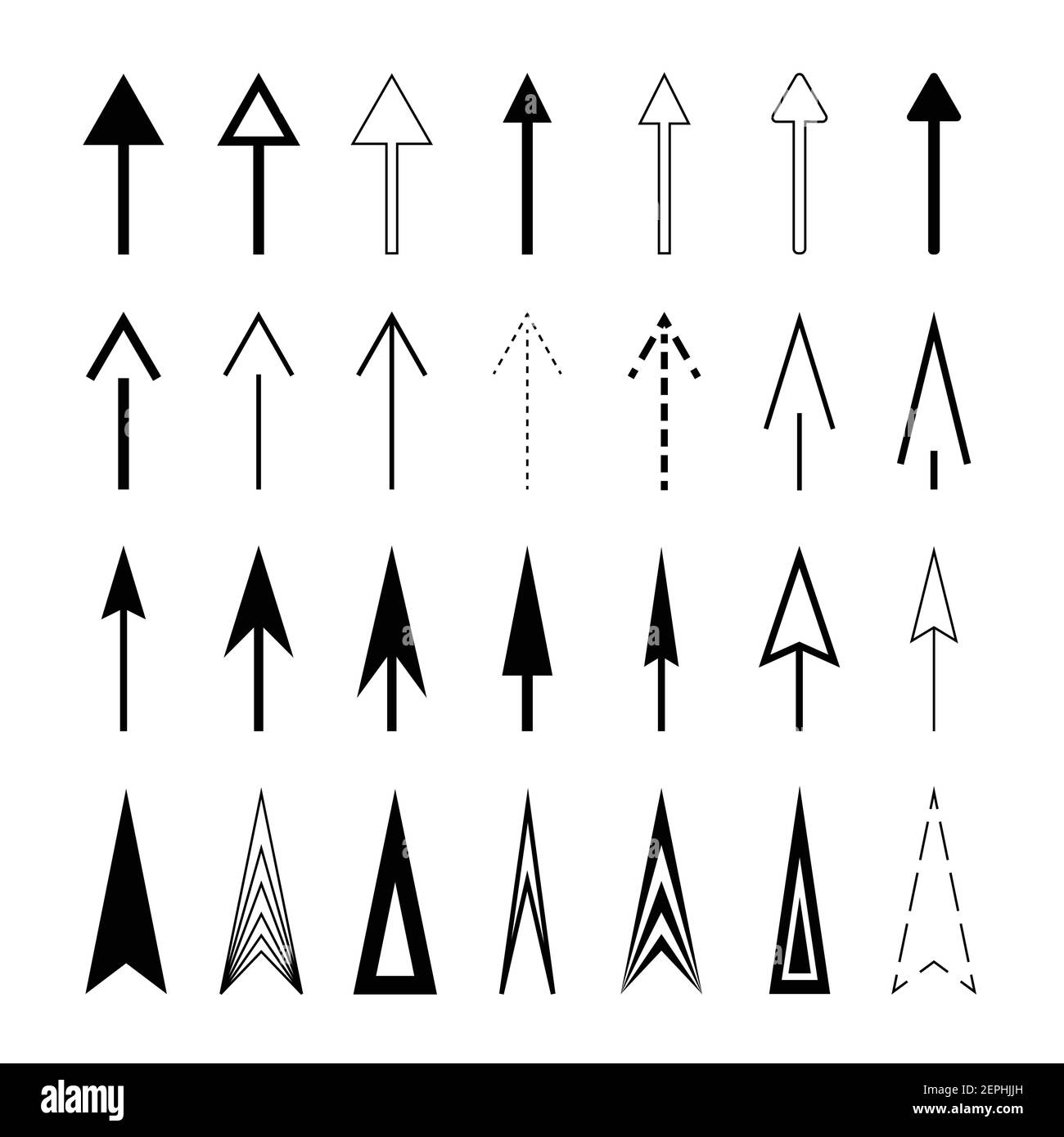 Set aus dünnen länglichen Pfeilen, schwarz auf weißem Hintergrund. Lang, Dreieck, verschiedene Formen, nach oben zeigend. Stock Vektor