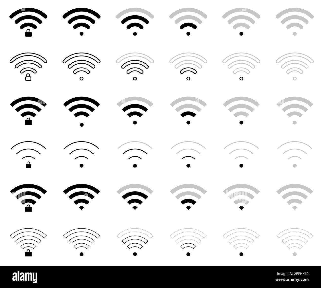 Set von flachen WiFi-Zeichen Symbole in verschiedenen Formen und Verbindungsebene, gesperrt und entsperrt, Dreieck, weiß innen, dünn, Dick und rund. Stock Vektor
