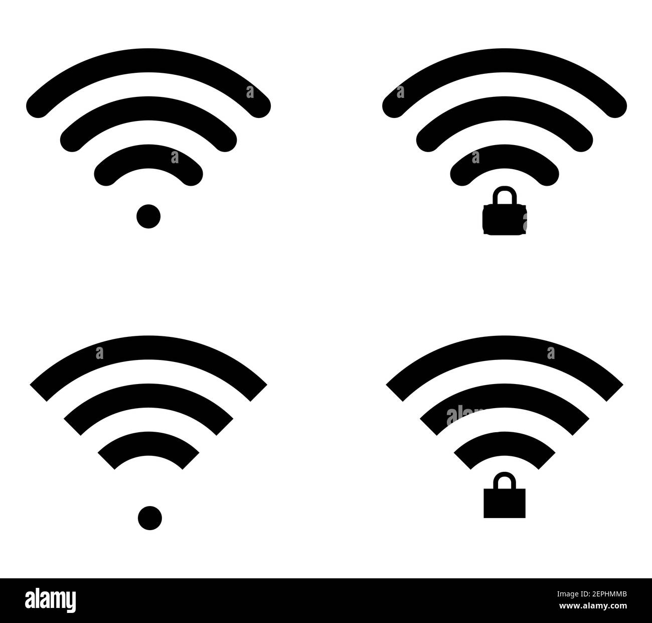 Vier Wifi-Symbole in zwei Formen - rund und gerade, verriegelt und entsperrt Varianten. Flaches Design für Smartphones und Grafik. Stock Vektor