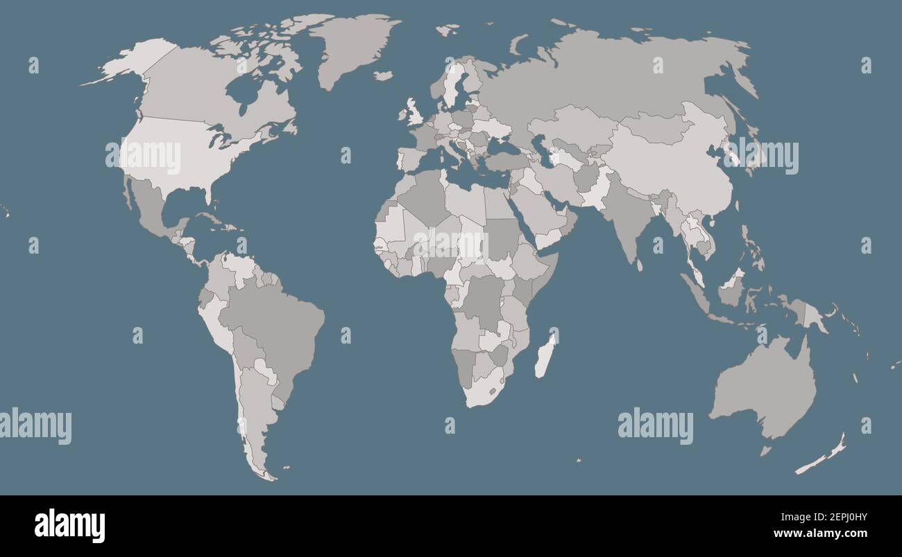 Weltkarte Projektion isoliert mit allen Kontinenten und Ozeanen und politischen Grenzen. Stock Vektor