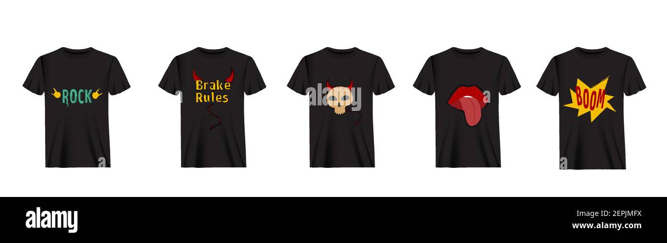 Schwarze T-Shirts mit Zeichnungen Set. Grüner Rock Dämon Totenschädel mit roten Hörnern und Schwanz rot prallen Lippen mit hervorstehenden Zunge. Stock Vektor