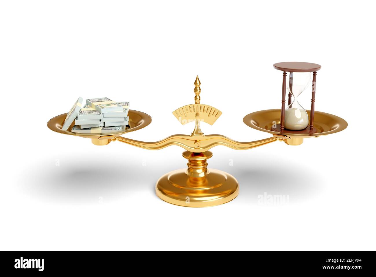 Wägemaschine mit Dollar-Watts und einer Sanduhr auf ihren Platten isoliert auf weißem Hintergrund. 3D Abbildung. Stockfoto