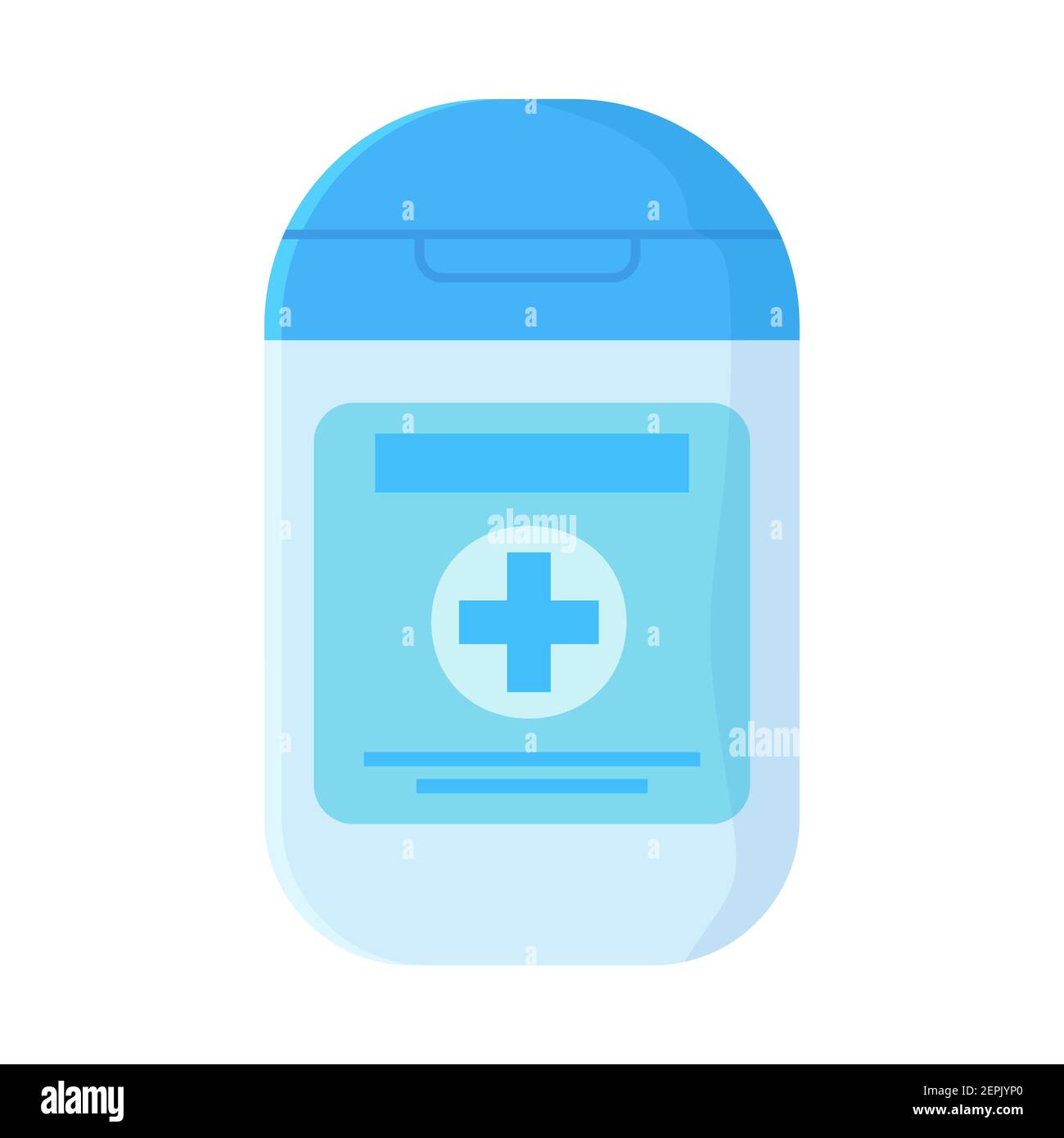 Blaue Tasche Handdesinfektionsmittel im flachen Stil. Lockdown Hygiene, covid 19 Sanitär Maßnahme, coronavirus Schutzkonzept. Vektorgrafik für Aktien Stock Vektor