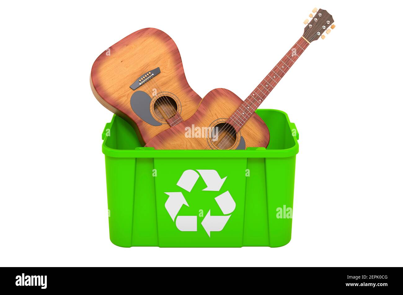 Recycling-Papierkorb mit Akustikgitarre, 3D Rendering isoliert auf weißem Hintergrund Stockfoto