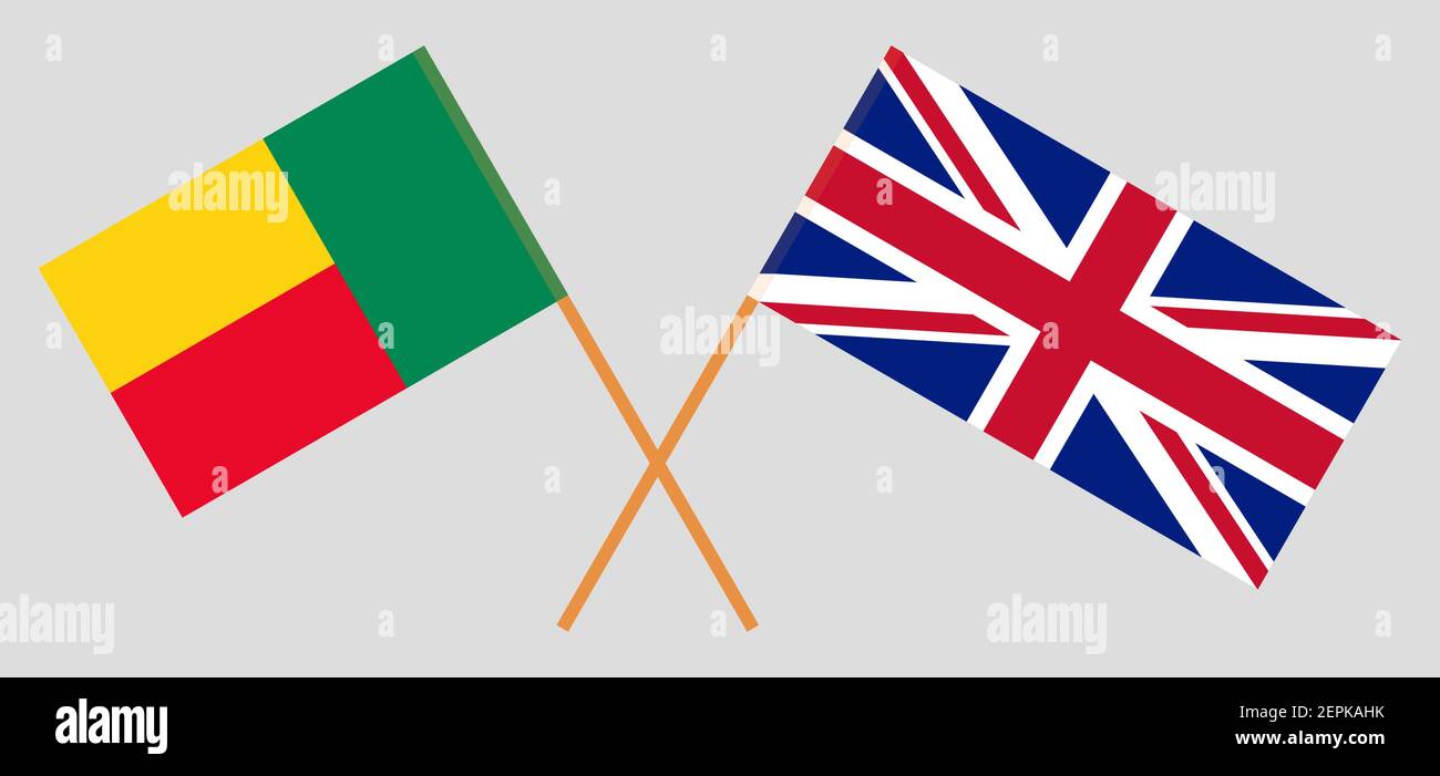 Gekreuzte Flaggen von Benin und Großbritannien. Offizielle Farben. Korrektes Verhältnis. Vektorgrafik Stock Vektor