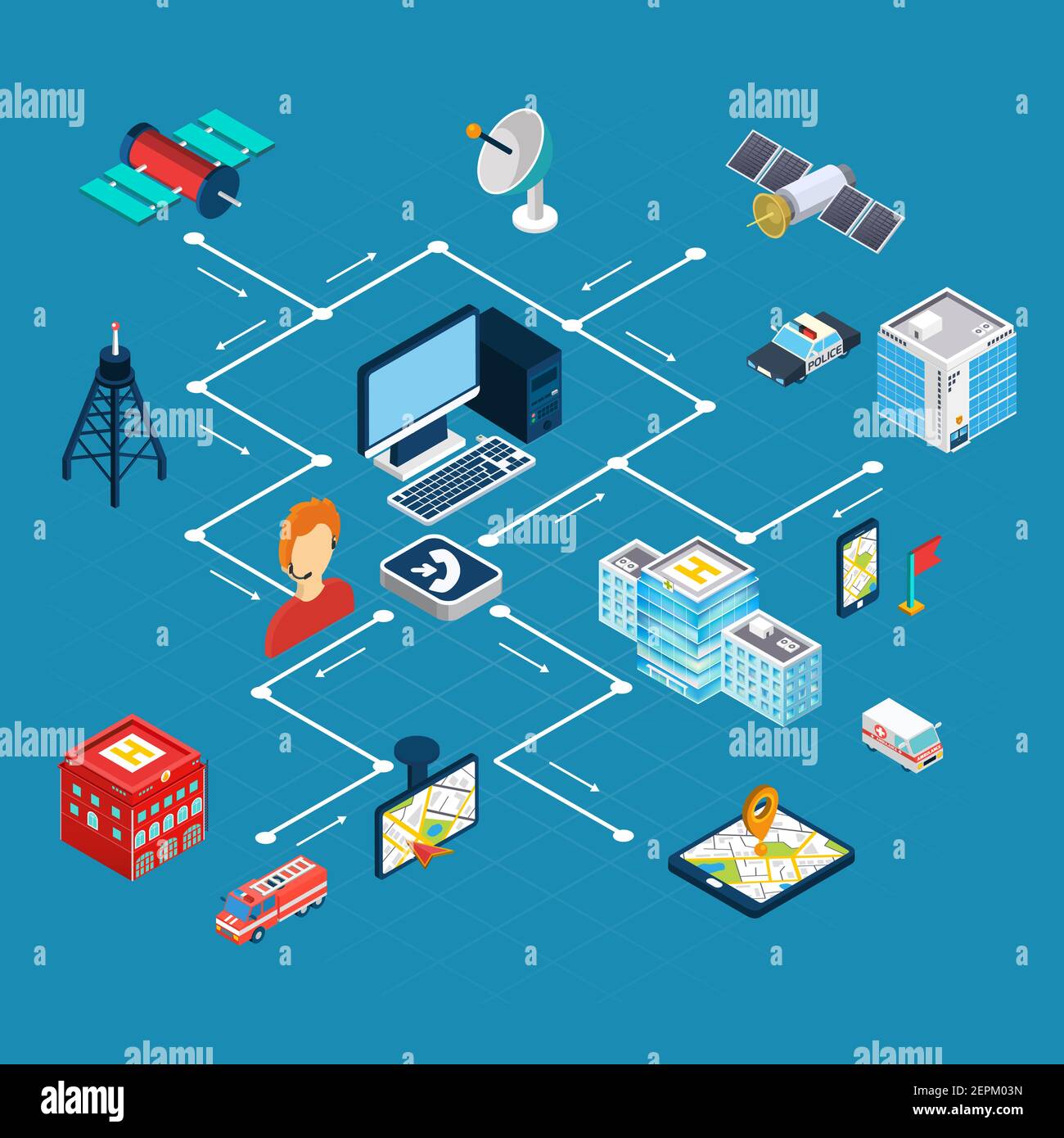 Navigations-Flussdiagramm mit Suchsymbolen auf blauem Hintergrund isometrischer Vektor Abbildung Stock Vektor